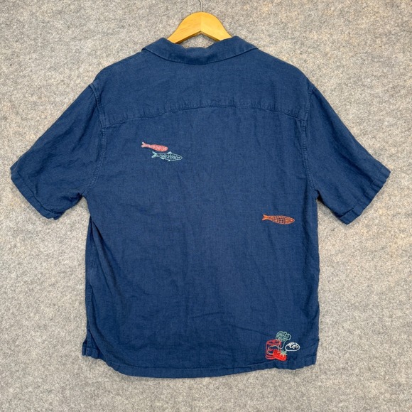 Abercrombie & Fitch Summer Linen Blend Shirt Mens Medium Fish Embroidered Navy - Picture 12 of 14